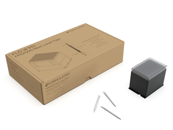 Package of Flo FPD1000. Contains 10 x 96 pcs (960 pcs) Positive Displacement Pipette Tips