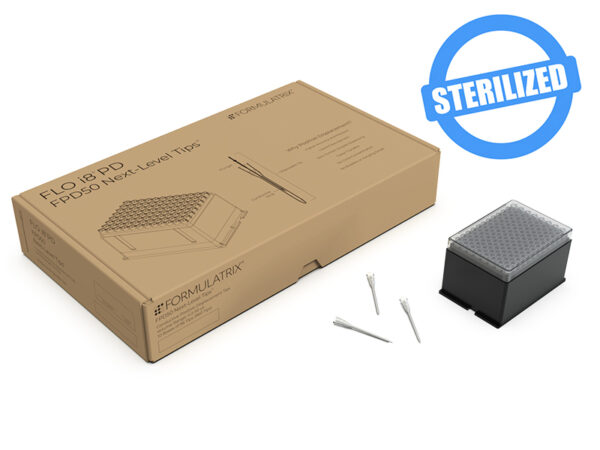 Package of Sterilized Flo FPD50. Contains 10 x 96 pcs (960 pcs) Sterilized Positive Displacement Pipette Tips